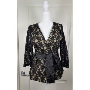 Marina Black Lace Wrap Top Black Tie Cocktail Sheer Sleeve Sash